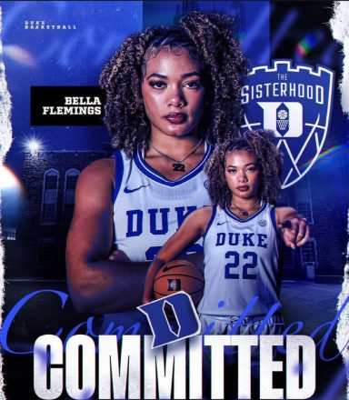 Duke basketball player Bella Flenning, dressed in jersey, holding a basketball with "Committed" text.