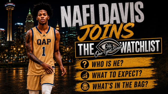 Nafi Davis in a basketball uniform with text about joining a watchlist.
