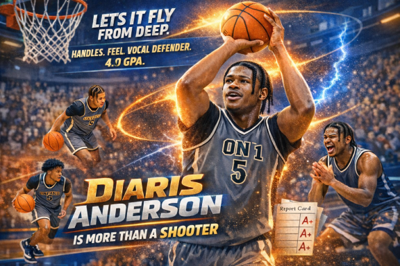 Diaris Anderson basketball scouting graphic showing elite shooting, ball handling, defense, and academic excellence.