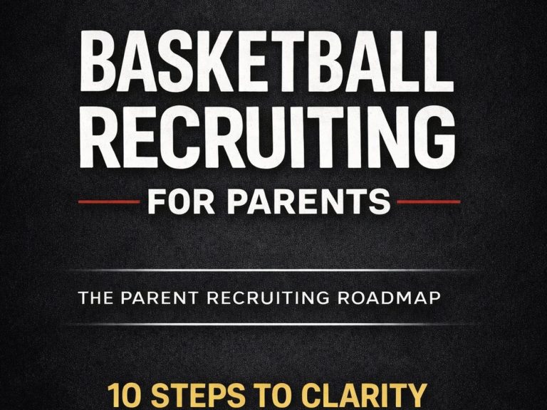 Basketball Recruiting for Parents – 10 Steps to Clarity Basketball recruiting guide for parents by Kevin Howell, titled The Parent Recruiting Roadmap: 10 Steps to Clarity, with bold white type